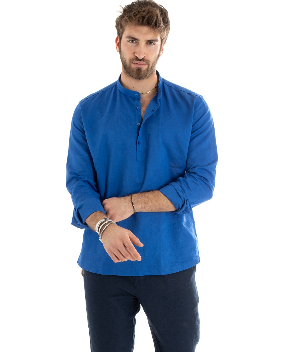 Camicia Uomo Serafino Casacca Maniche Lunghe Lino Tinta Unita Sartoriale Blu Royal GIOSAL-C2810A