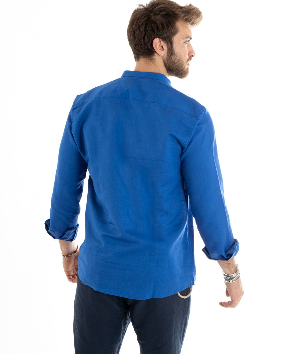 Camicia Uomo Serafino Casacca Maniche Lunghe Lino Tinta Unita Sartoriale Blu Royal GIOSAL-C2810A