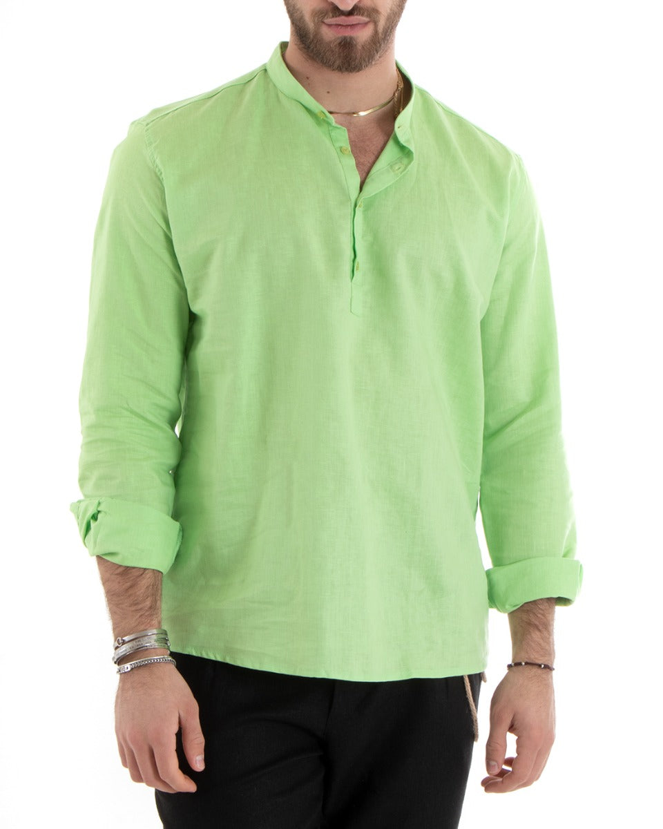 Camicia Uomo Serafino Casacca Maniche Lunghe Lino Tinta Unita Sartoriale Verde Acido GIOSAL-C2812A