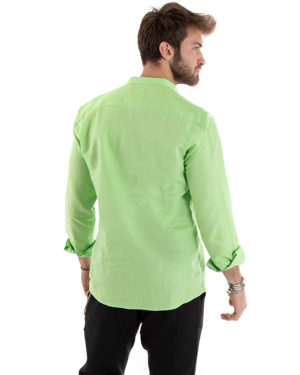 Camicia Uomo Serafino Casacca Maniche Lunghe Lino Tinta Unita Sartoriale Verde Acido GIOSAL-C2812A