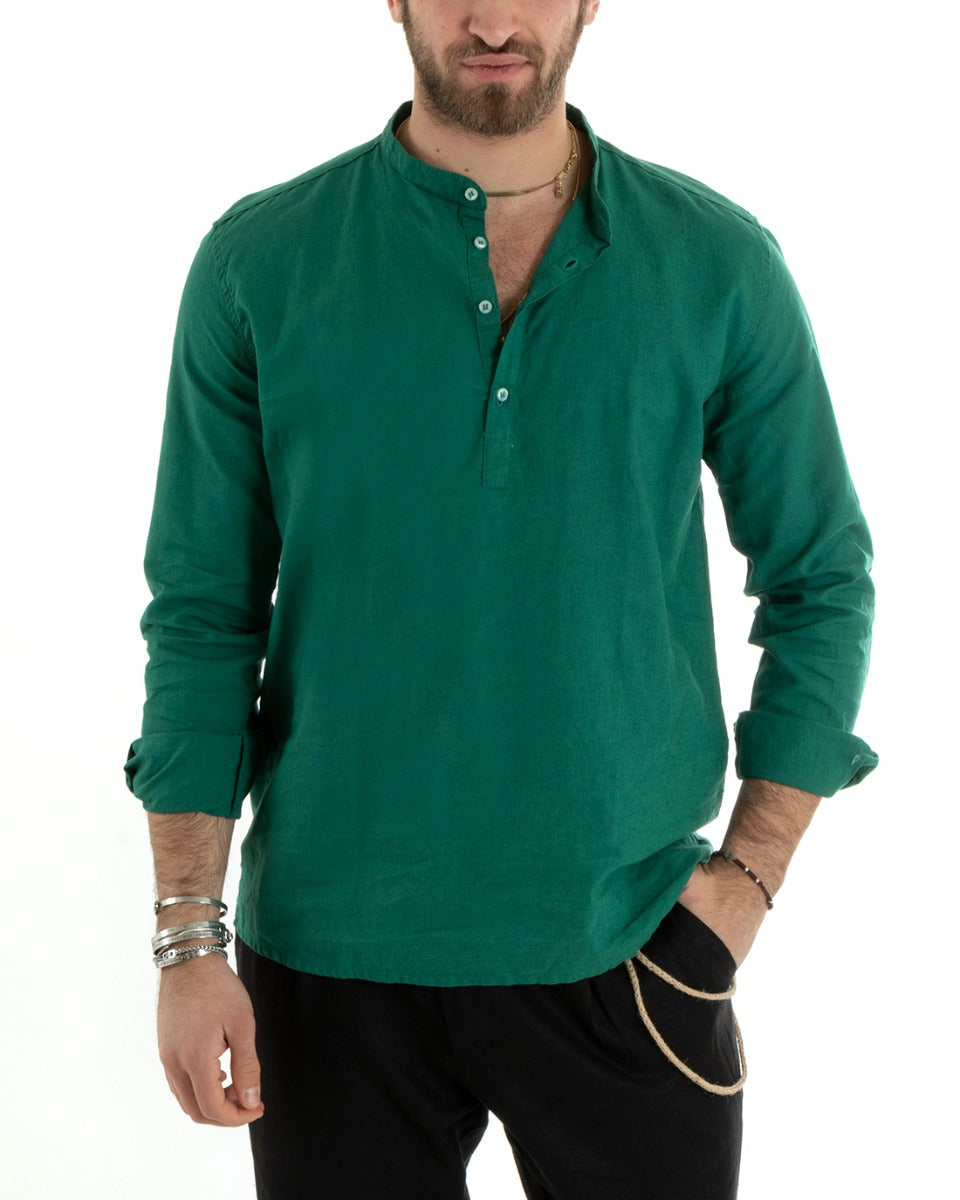 Camicia Uomo Serafino Casacca Maniche Lunghe Lino Tinta Unita Sartoriale Verde GIOSAL-C2813A