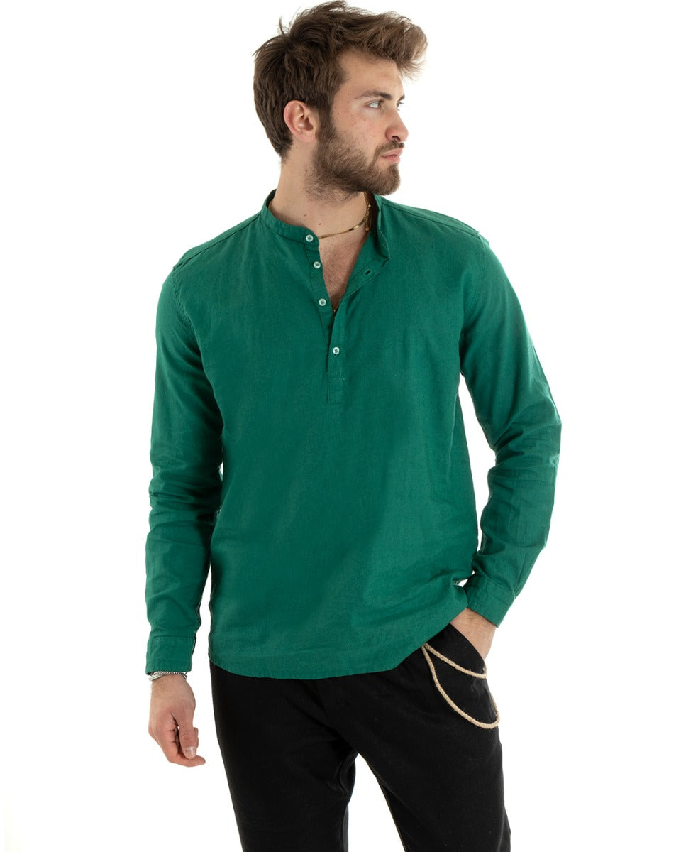 Camicia Uomo Serafino Casacca Maniche Lunghe Lino Tinta Unita Sartoriale Verde GIOSAL-C2813A