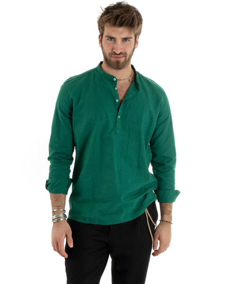 Camicia Uomo Serafino Casacca Maniche Lunghe Lino Tinta Unita Sartoriale Verde GIOSAL-C2813A