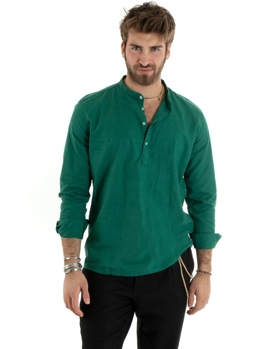 Camicia Uomo Serafino Casacca Maniche Lunghe Lino Tinta Unita Sartoriale Verde GIOSAL-C2813A