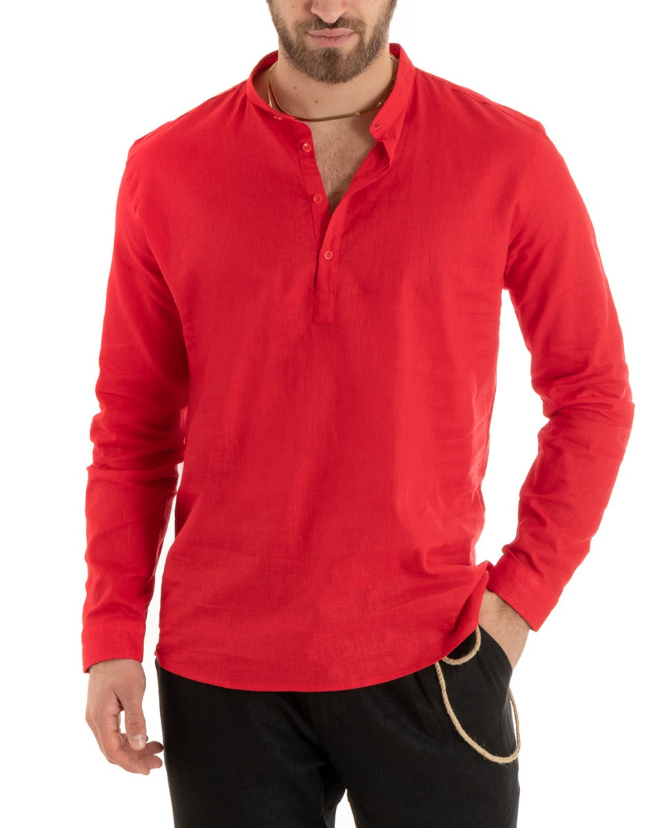 Camicia Uomo Serafino Casacca Manica Lunga Lino Tinta Unita Sartoriale Rosso GIOSAL-C2814A