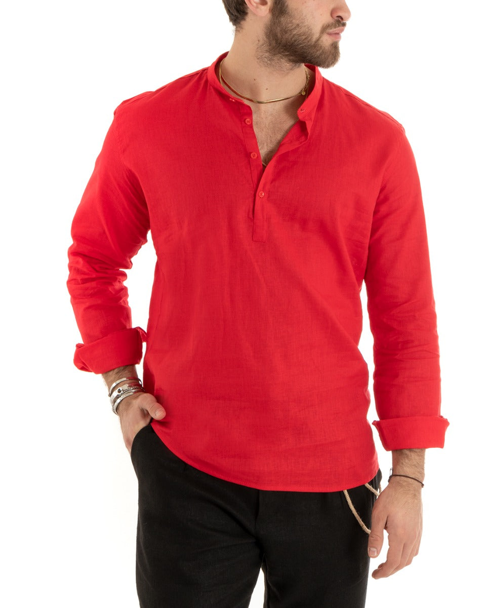 Camicia Uomo Serafino Casacca Maniche Lunghe Lino Tinta Unita Sartoriale Rosso GIOSAL-C2814A