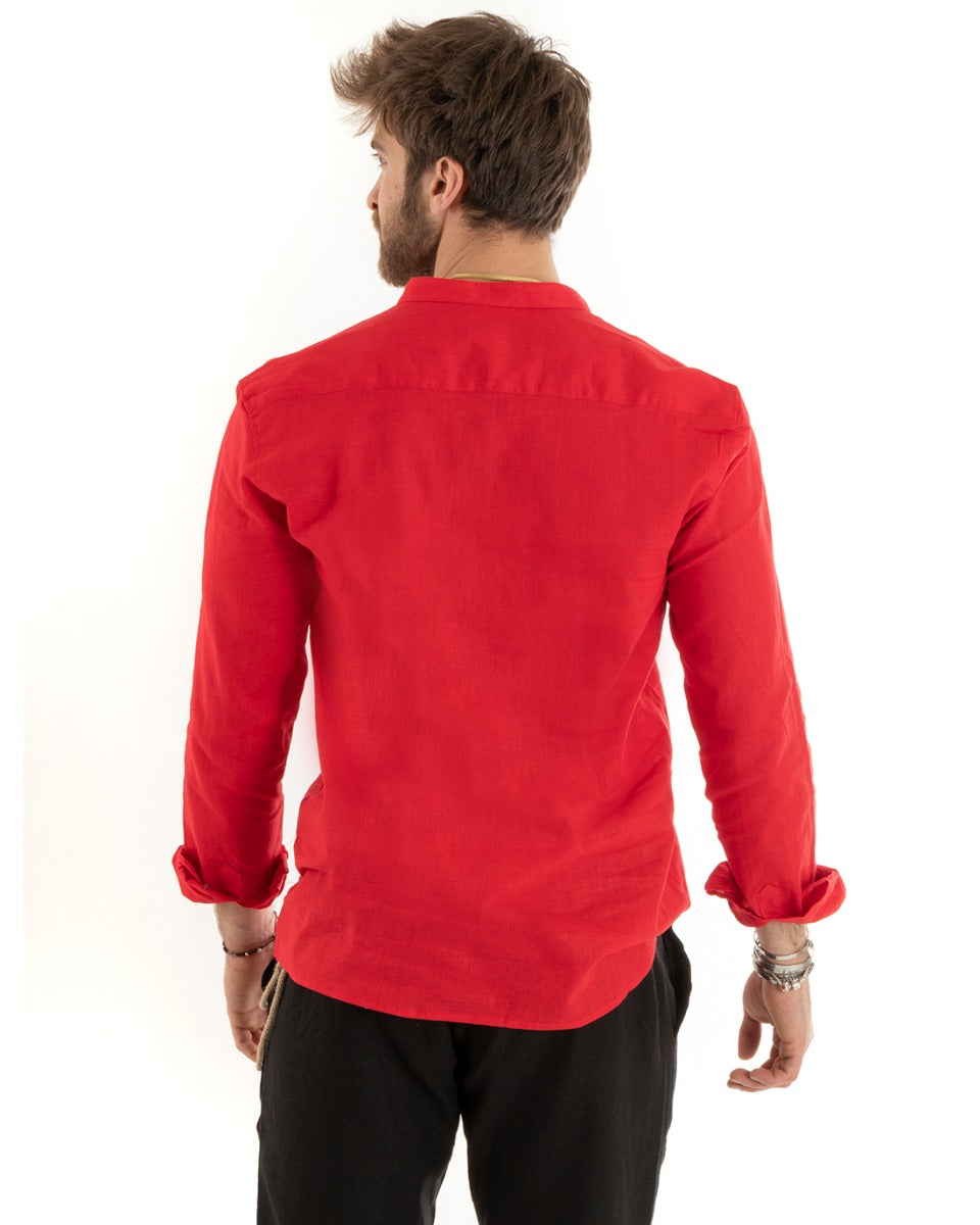 Camicia Uomo Serafino Casacca Maniche Lunghe Lino Tinta Unita Sartoriale Rosso GIOSAL-C2814A
