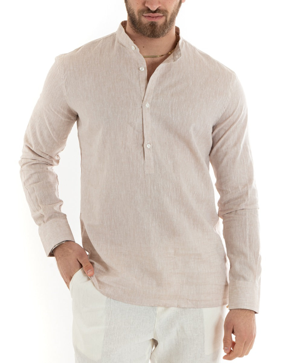 Camicia Uomo Serafino Casacca Maniche Lunghe Lino Tinta Unita Sartoriale Beige GIOSAL-C2815A