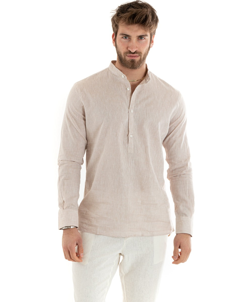 Camicia Uomo Serafino Casacca Maniche Lunghe Lino Tinta Unita Sartoriale Beige GIOSAL-C2815A