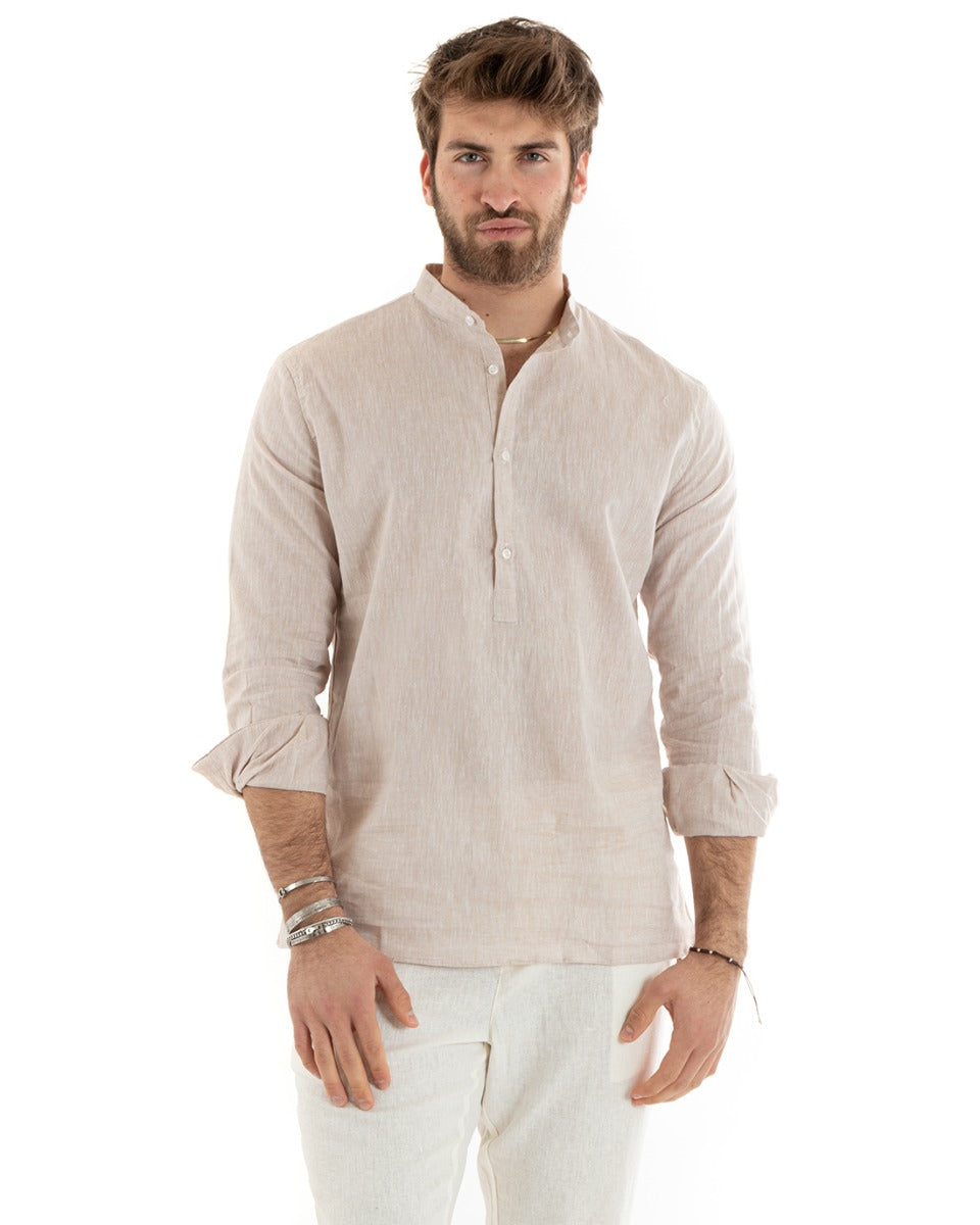 Camicia Uomo Serafino Casacca Maniche Lunghe Lino Tinta Unita Sartoriale Beige GIOSAL-C2815A