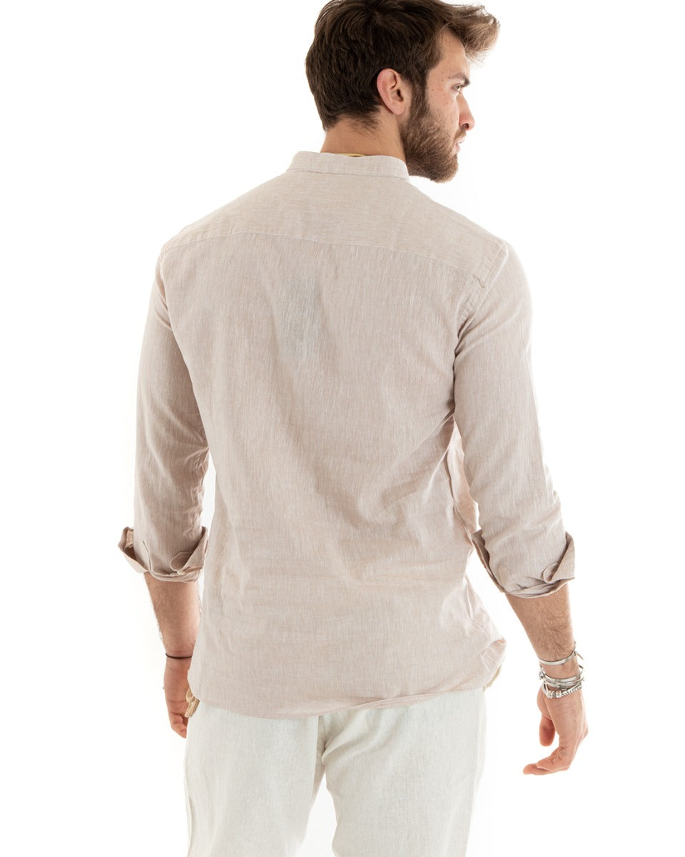 Camicia Uomo Serafino Casacca Maniche Lunghe Lino Tinta Unita Sartoriale Beige GIOSAL-C2815A