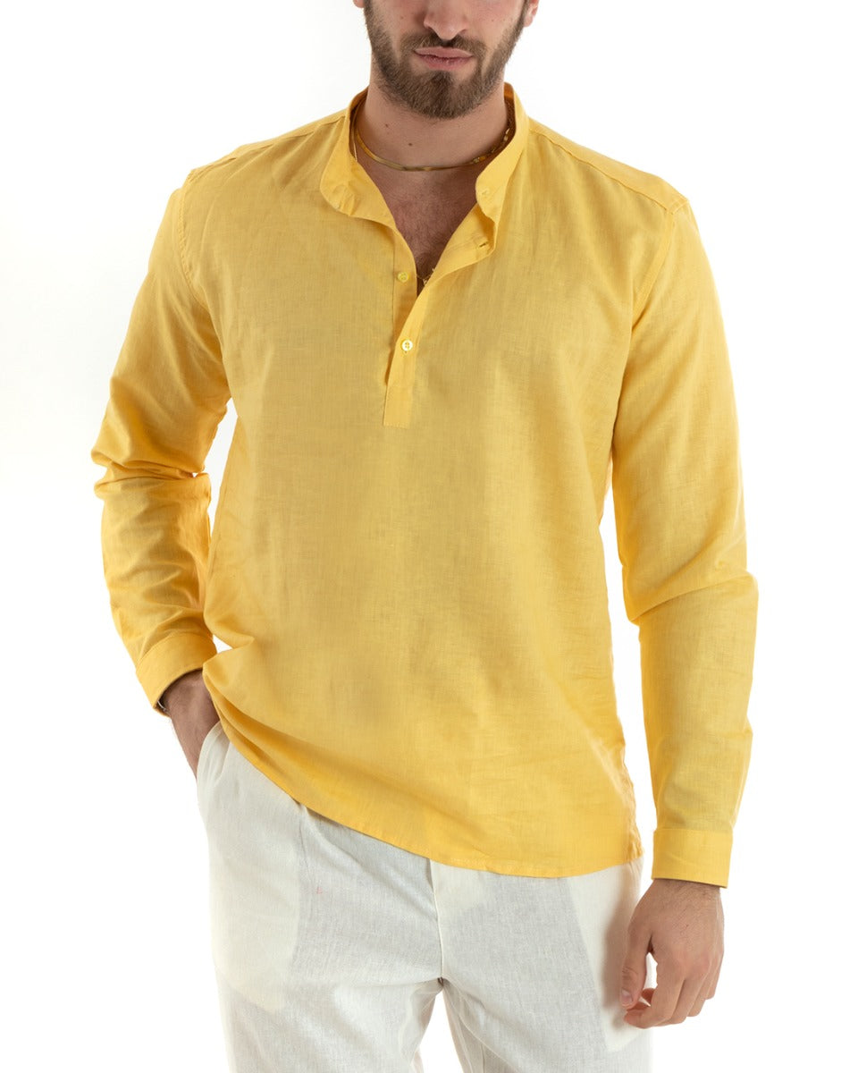 Camicia Uomo Serafino Casacca Maniche Lunghe Lino Tinta Unita Sartoriale Giallo GIOSAL-C2816A