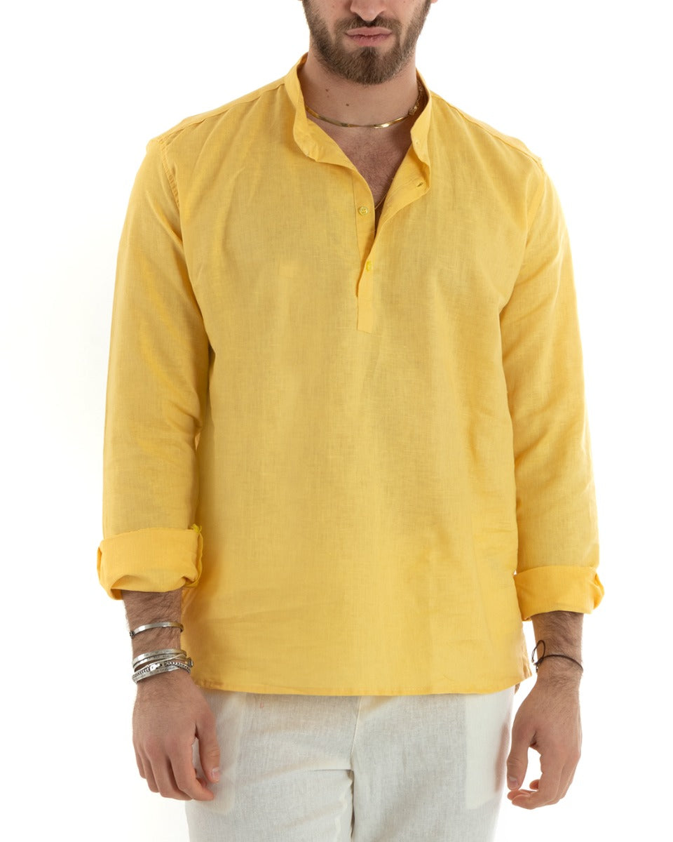 Camicia Uomo Serafino Casacca Maniche Lunghe Lino Tinta Unita Sartoriale Giallo GIOSAL-C2816A