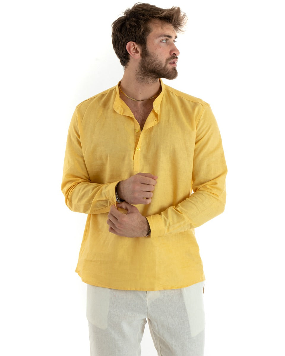 Camicia Uomo Serafino Casacca Maniche Lunghe Lino Tinta Unita Sartoriale Giallo GIOSAL-C2816A