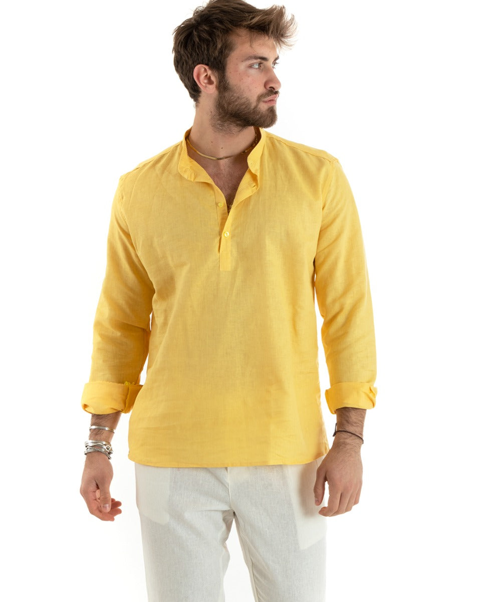 Camicia Uomo Serafino Casacca Maniche Lunghe Lino Tinta Unita Sartoriale Giallo GIOSAL-C2816A