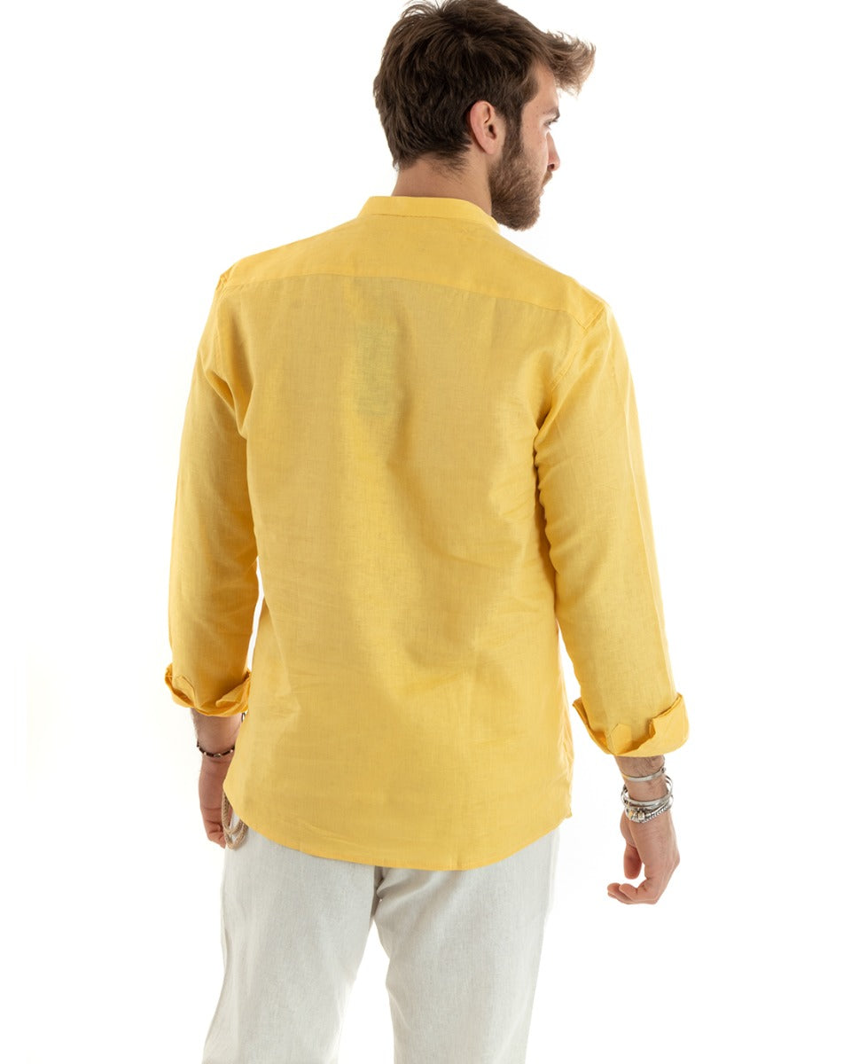 Camicia Uomo Serafino Casacca Maniche Lunghe Lino Tinta Unita Sartoriale Giallo GIOSAL-C2816A