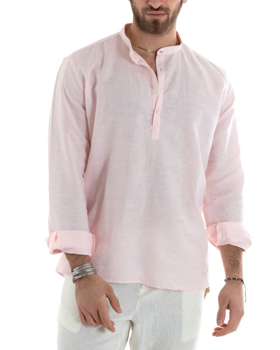 Camicia Uomo Serafino Casacca Manica Lunga Lino Tinta Unita Sartoriale Rosa GIOSAL-C2819A