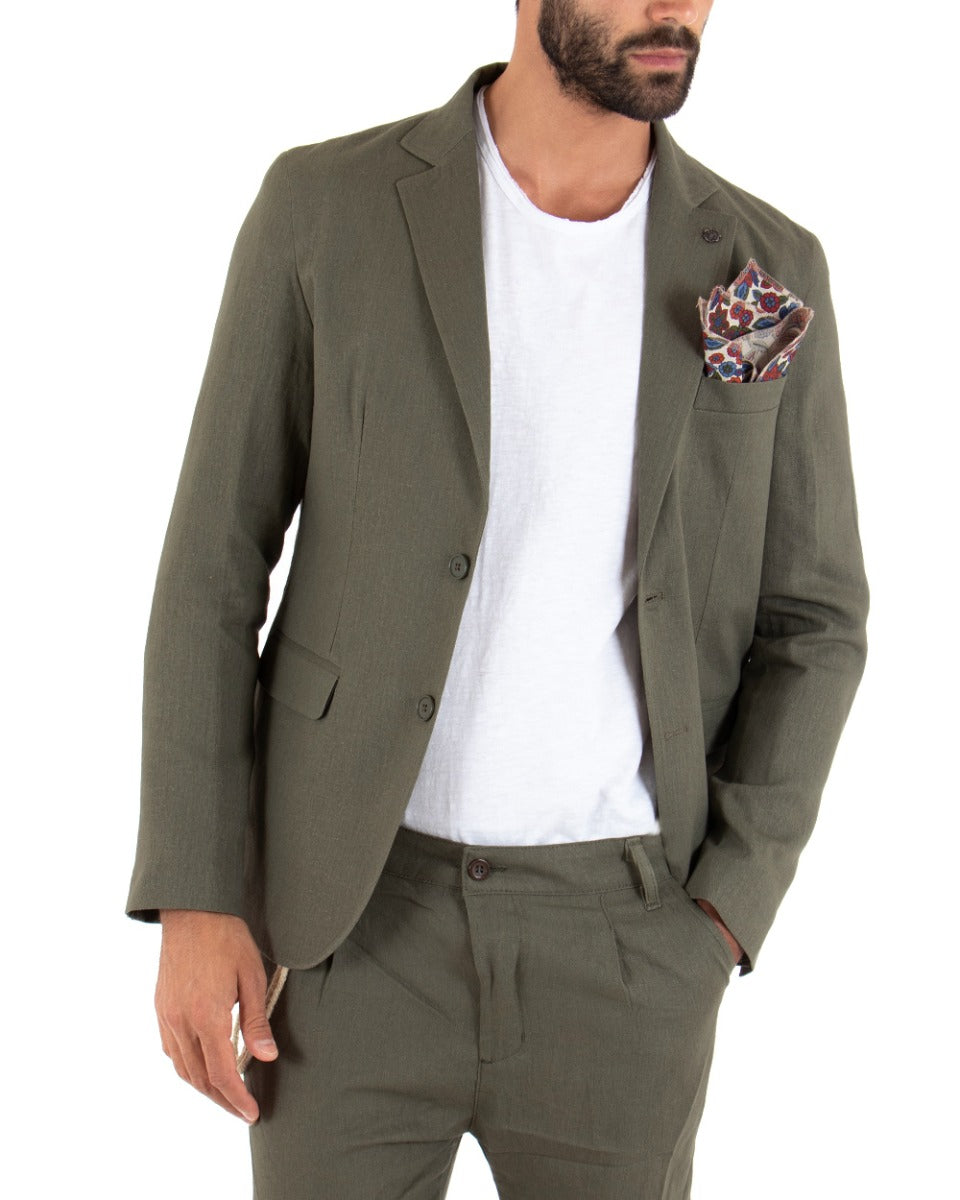 Giacca Uomo Monopetto Lino Tinta Unita Verde Colletto Pochette GIOSAL-G2558A