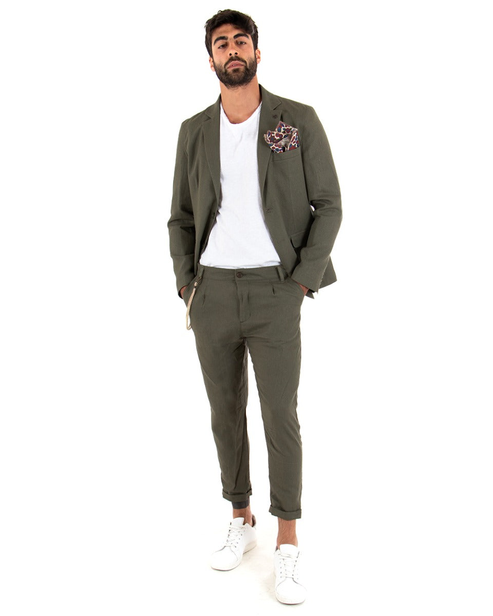 Giacca Uomo Monopetto Lino Tinta Unita Verde Colletto Pochette GIOSAL-G2558A
