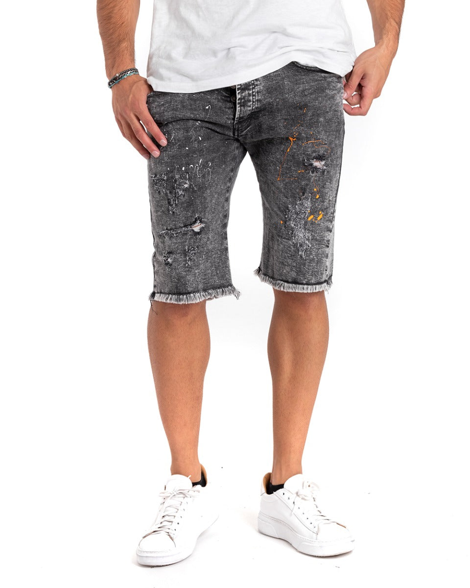 Bermuda Jeans Pantaloncino Uomo Denim Grigio Schizzato Cinque Tasche GIOSAL-PC1820A