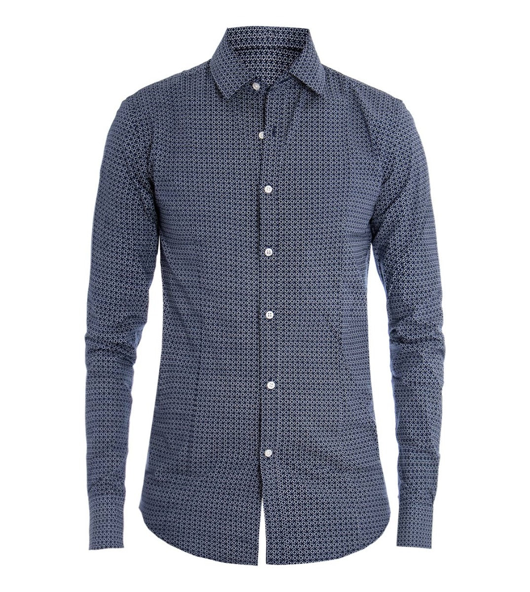 Camicia Uomo Con Colletto Manica Lunga Slim Fit Cotone Fantasia Blu GIOSAL-C1454A
