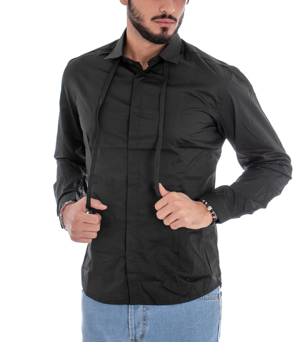 Camicia Uomo Con Colletto Manica Lunga Slim Fit Casual Cotone Bretelle Nero GIOSAL-C1453A