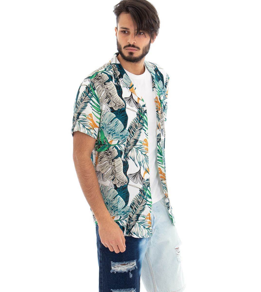 Camicia Manica Corta Uomo Colletto Casual Foglie Multicolore GIOSAL-CC1063A