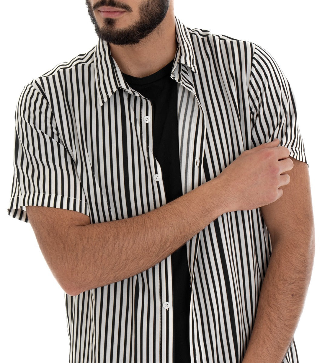 Camicia Manica Corta Uomo Rigata Righe Bicolore Bianco Nero Casual GIOSAL-CC1068A
