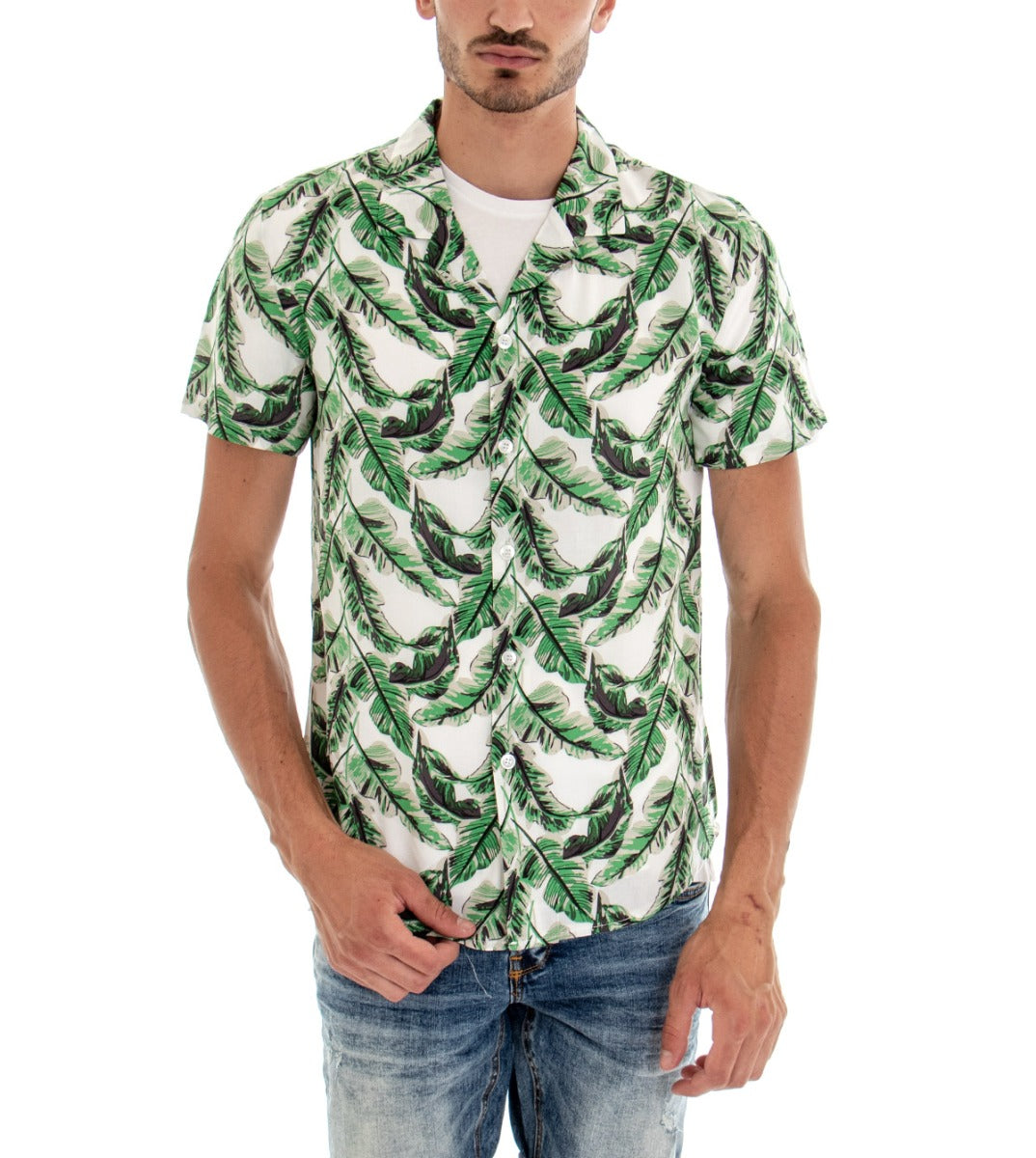 GIOSAL-CC1093A Herren-Kurzarmhemd mit weißem Kragen und Blattmuster
