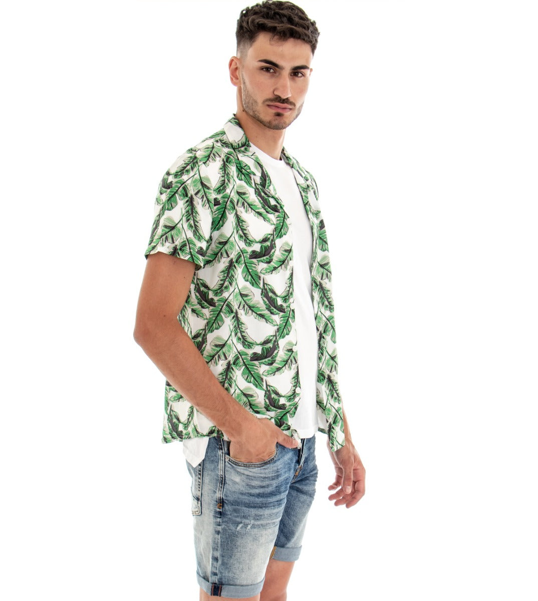 GIOSAL-CC1093A Herren-Kurzarmhemd mit weißem Kragen und Blattmuster