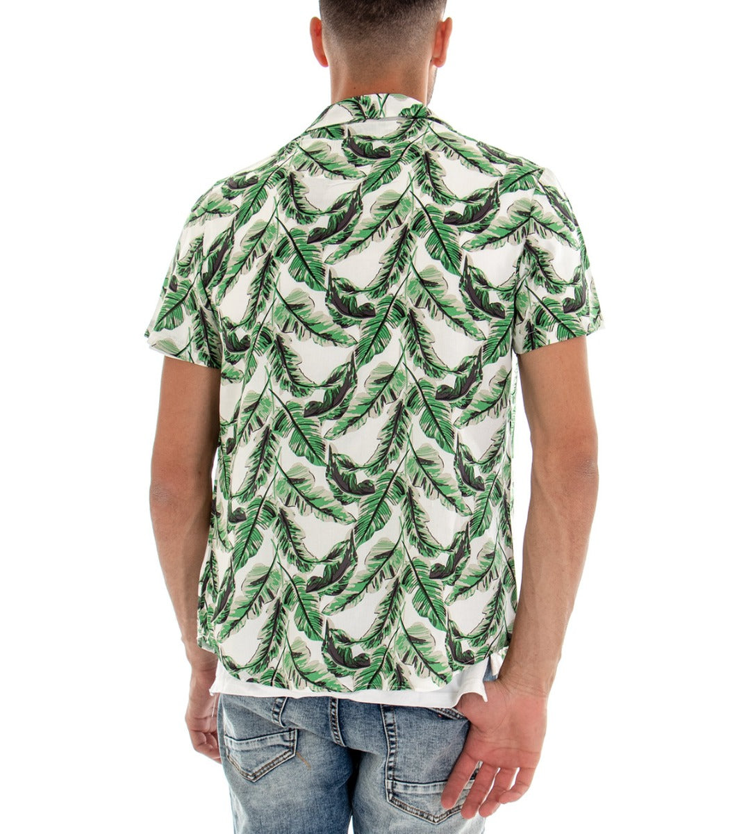 GIOSAL-CC1093A Herren-Kurzarmhemd mit weißem Kragen und Blattmuster