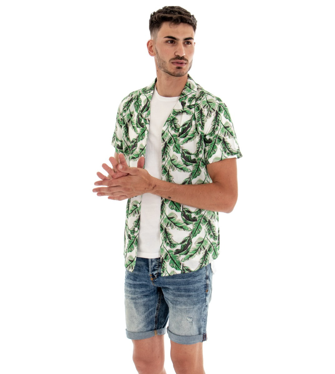 GIOSAL-CC1093A Herren-Kurzarmhemd mit weißem Kragen und Blattmuster