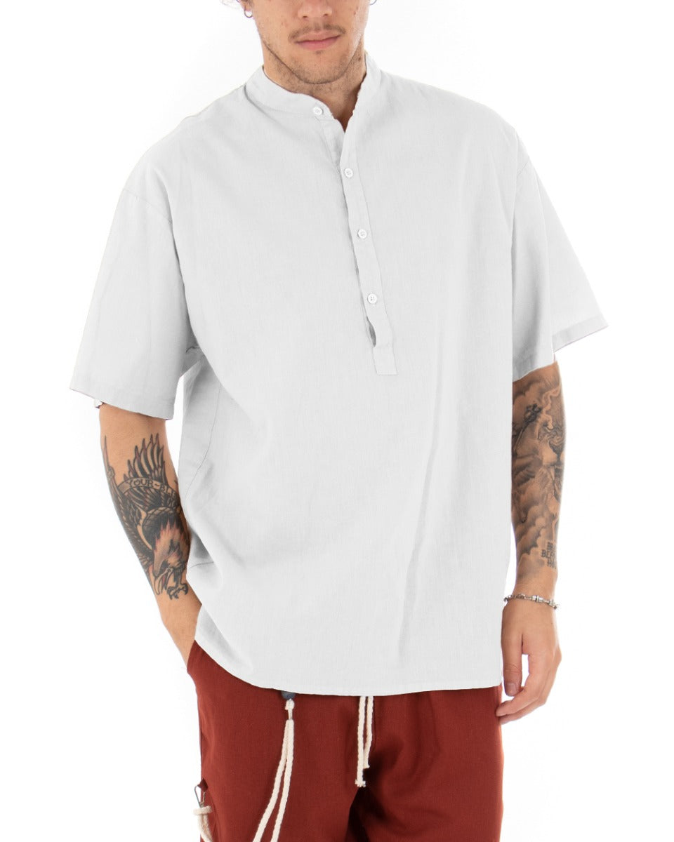 Camicia Uomo Manica Corta Tinta Unita Bianco Collo Coreano Casual GIOSAL-CC1125A