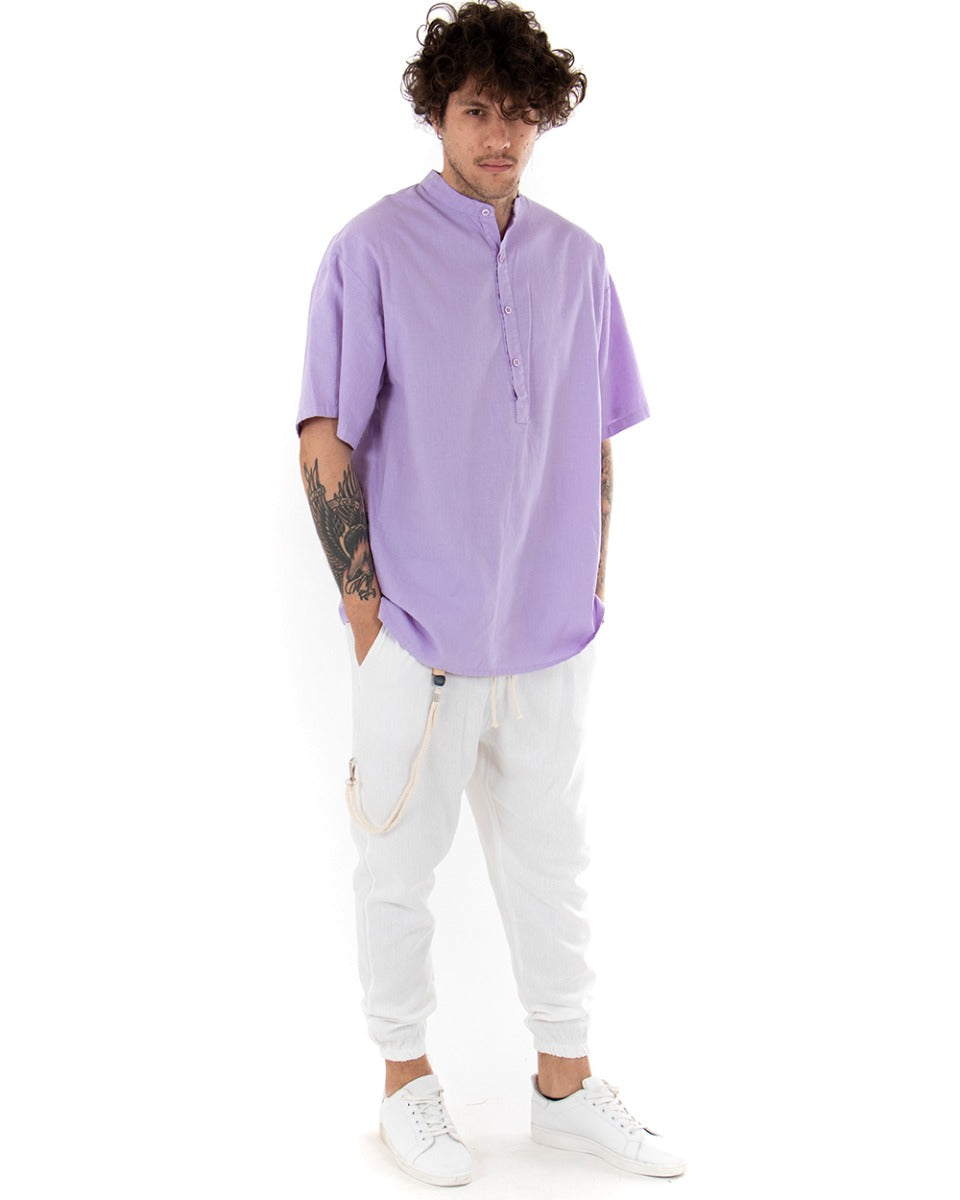 Camicia Uomo Manica Corta Tinta Unita Lilla Collo Coreano Casual GIOSAL-CC1128A