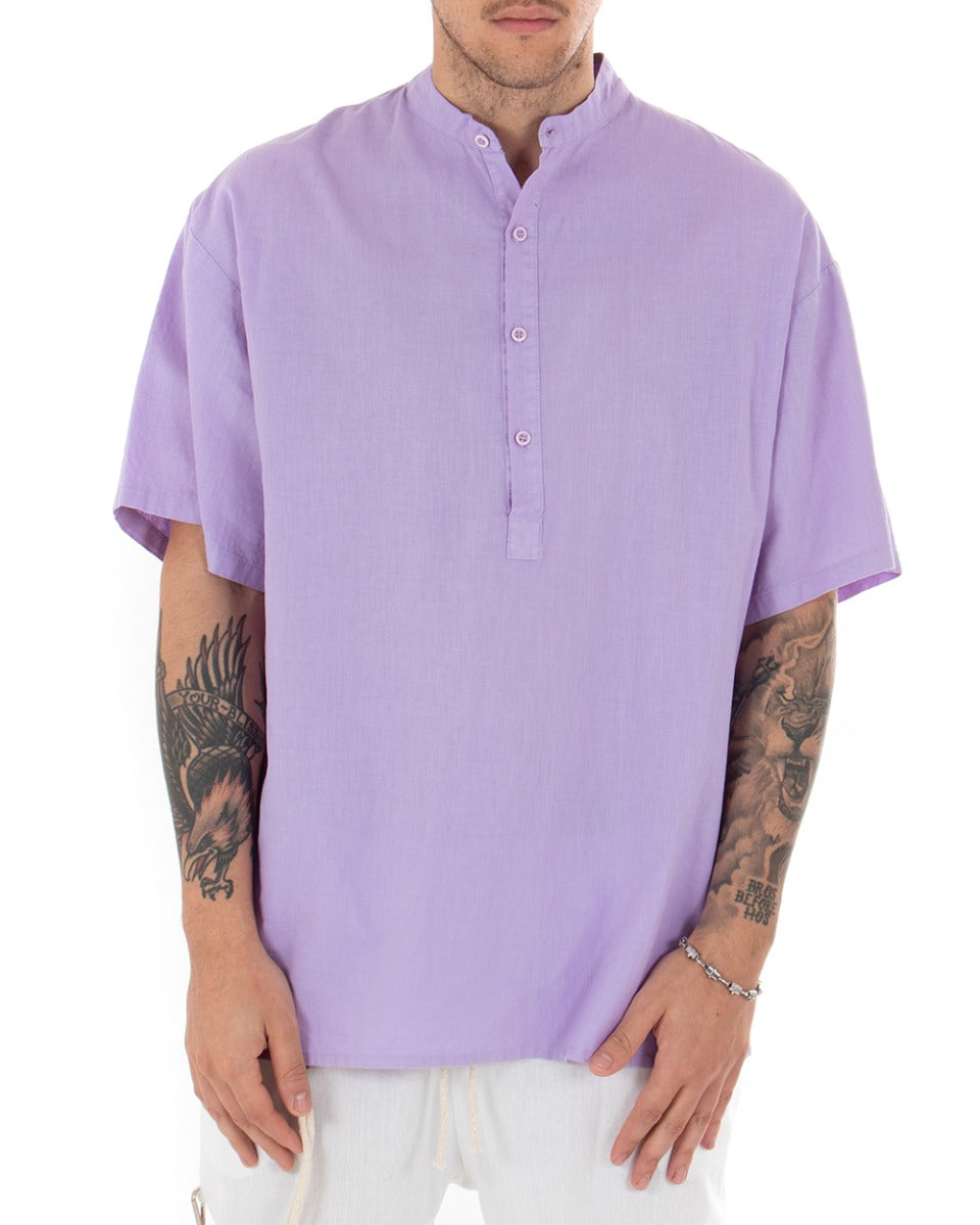 Camicia Uomo Manica Corta Tinta Unita Lilla Collo Coreano Casual GIOSAL-CC1128A