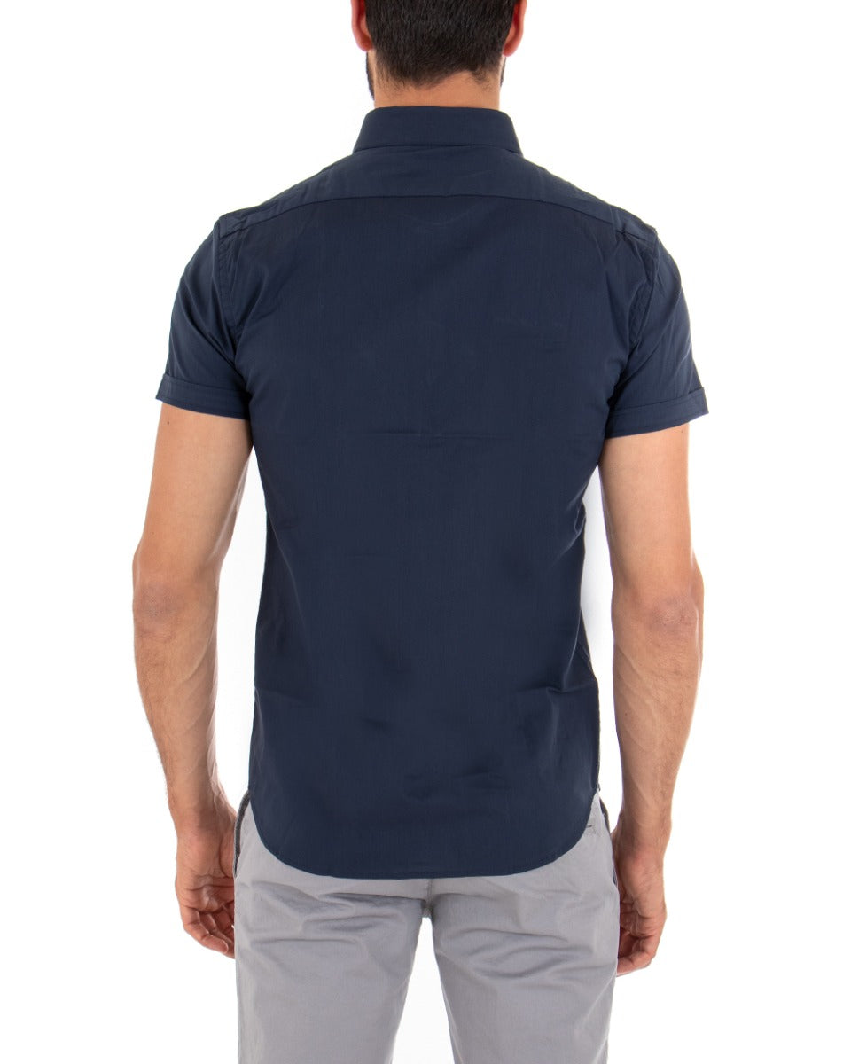 Camicia Uomo Slim Fit Colletto Manica Corta Tinta Unita Blu GIOSAL-CC1139A