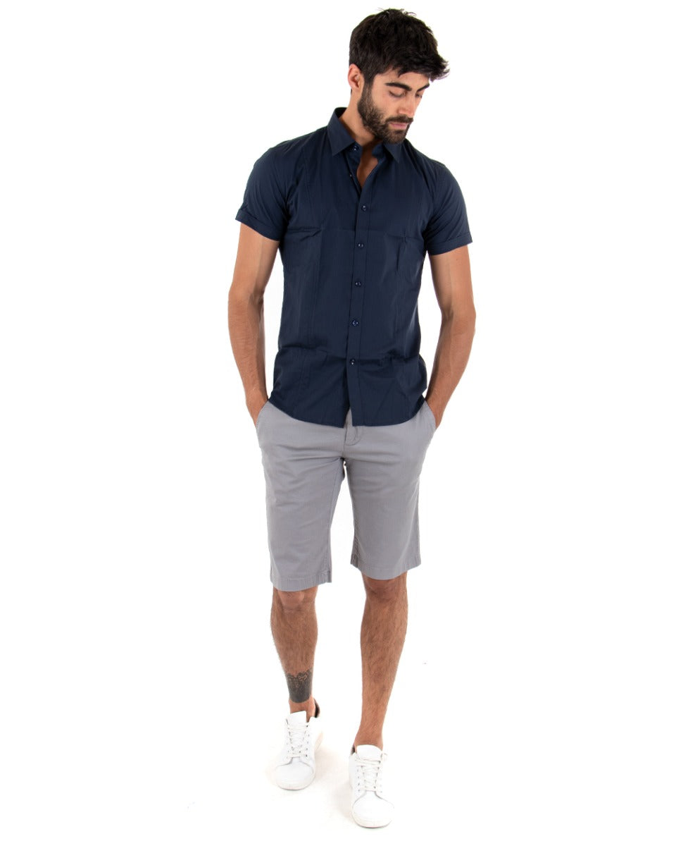 Camicia Uomo Slim Fit Colletto Manica Corta Tinta Unita Blu GIOSAL-CC1139A
