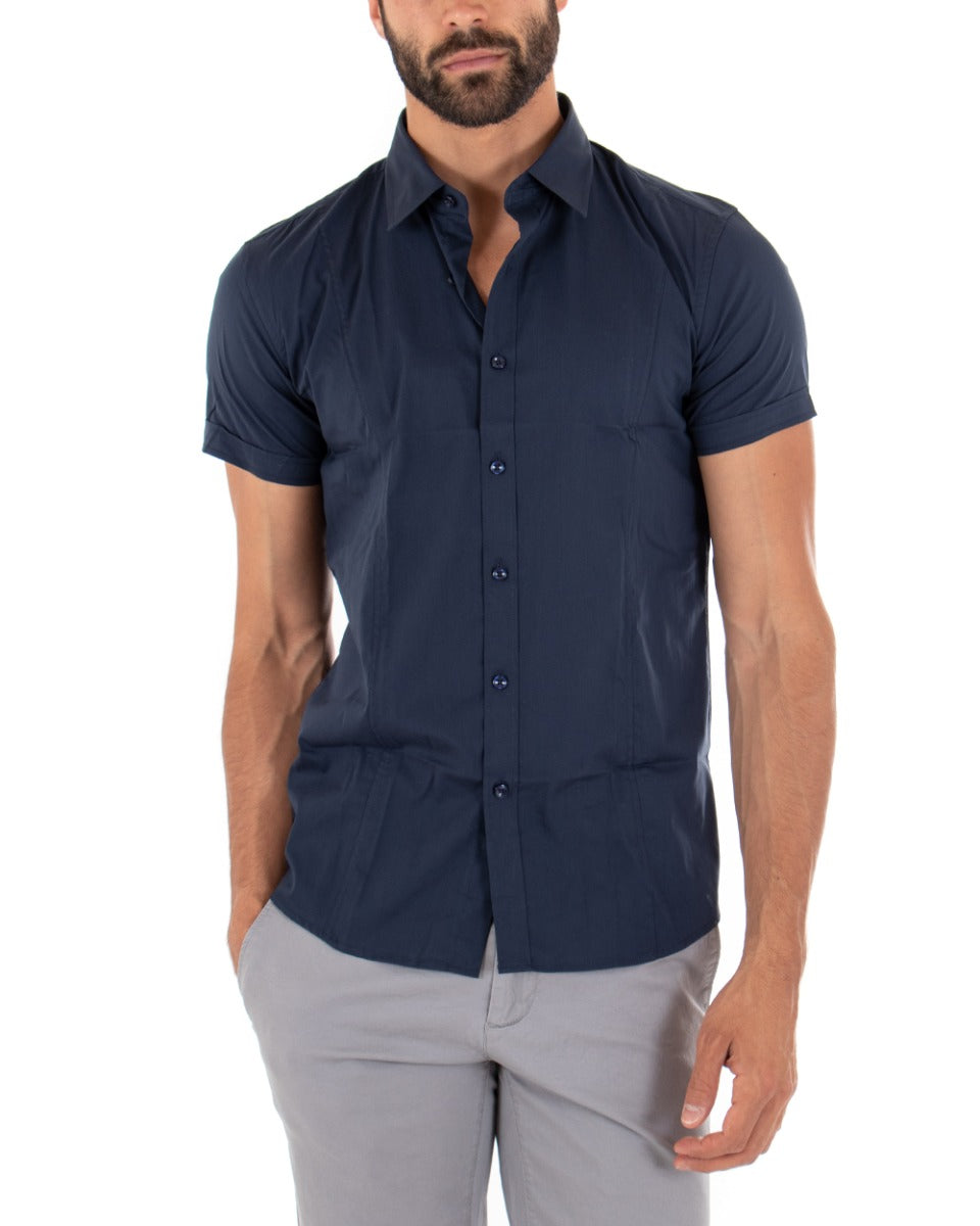 Camicia Uomo Slim Fit Colletto Manica Corta Tinta Unita Blu GIOSAL-CC1139A