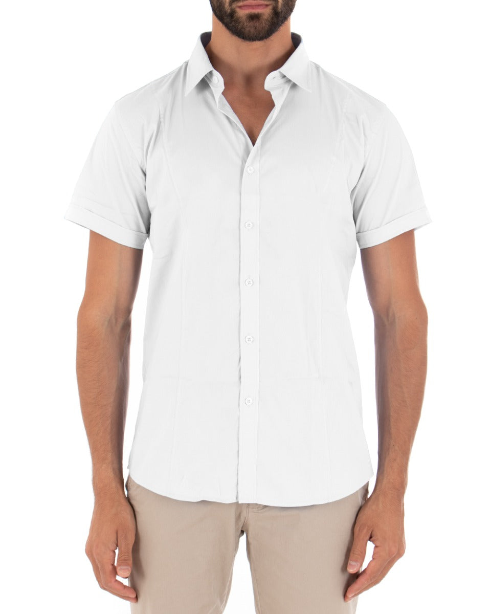 Camicia Uomo Maniche Corte Con Colletto Slim Fit Cotone Elastico Basic Tinta Unita Bianco GIOSAL CC1140A