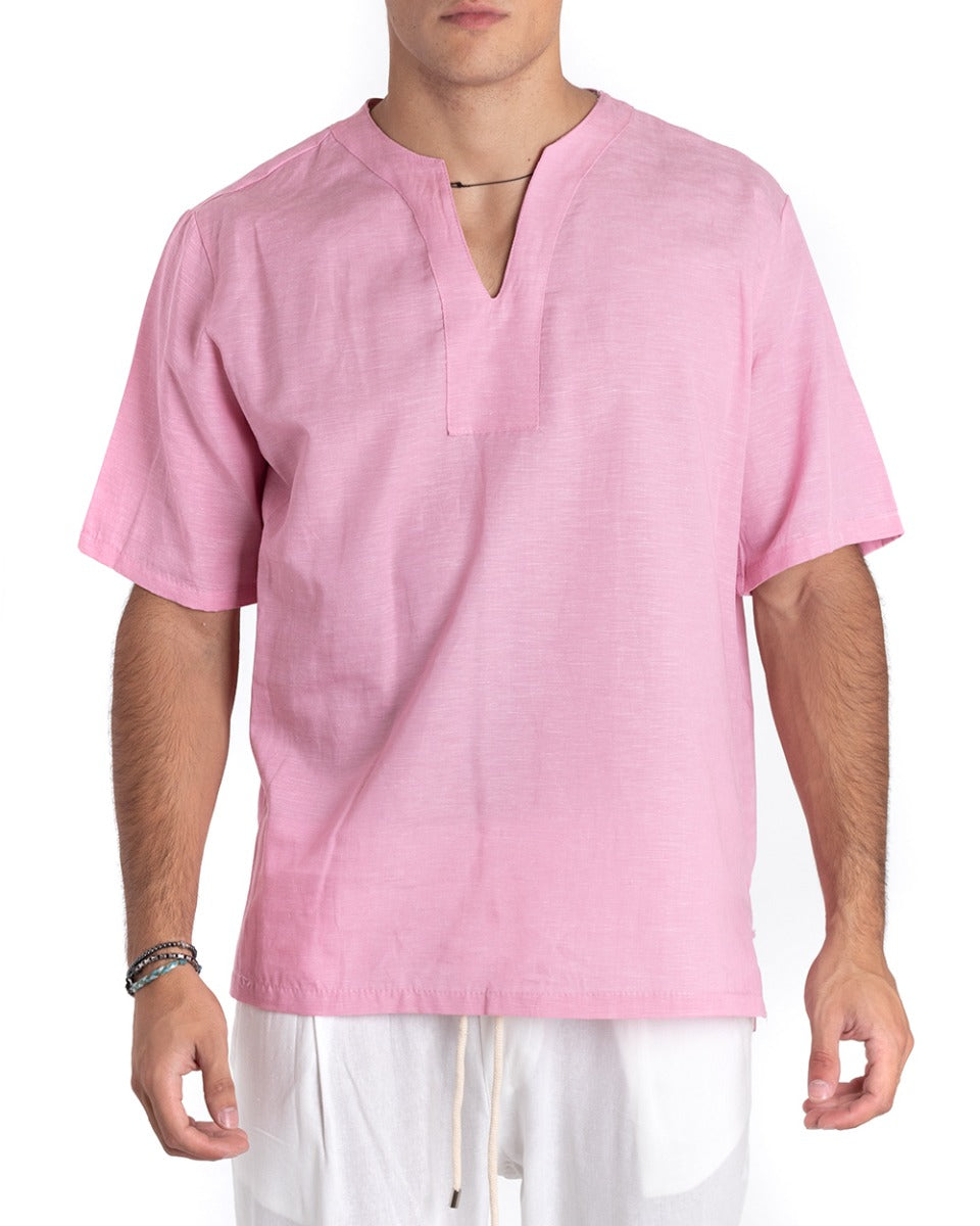 Camicia Uomo Casacca Manica Corta Scollo V Lino Casual Tinta Unita Rosa GIOSAL-CC1149A