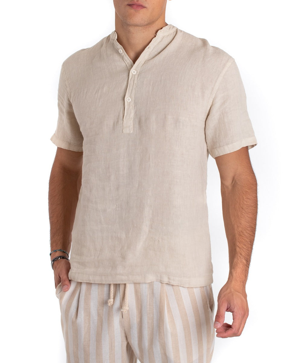 Camicia Uomo Serafino Casacca Manica Corta Lino Casual Tinta Unita Beige GIOSAL-CC1158A