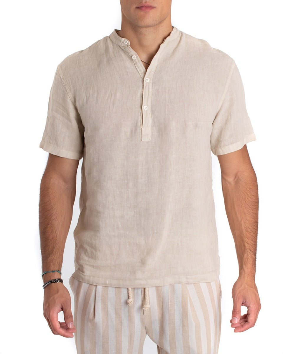 Camicia Uomo Serafino Casacca Manica Corta Lino Casual Tinta Unita Beige GIOSAL-CC1158A