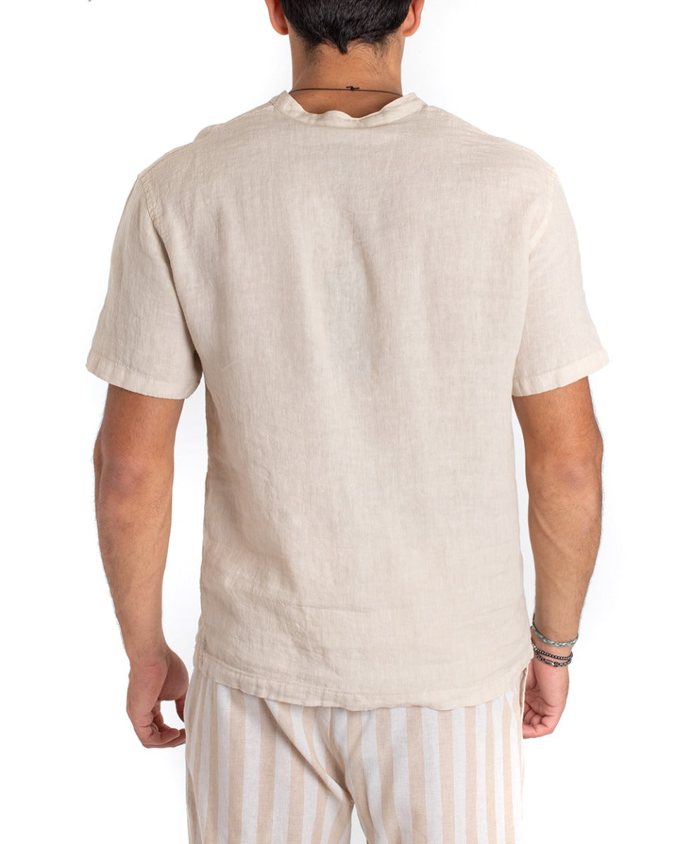 Camicia Uomo Serafino Casacca Manica Corta Lino Casual Tinta Unita Beige GIOSAL-CC1158A