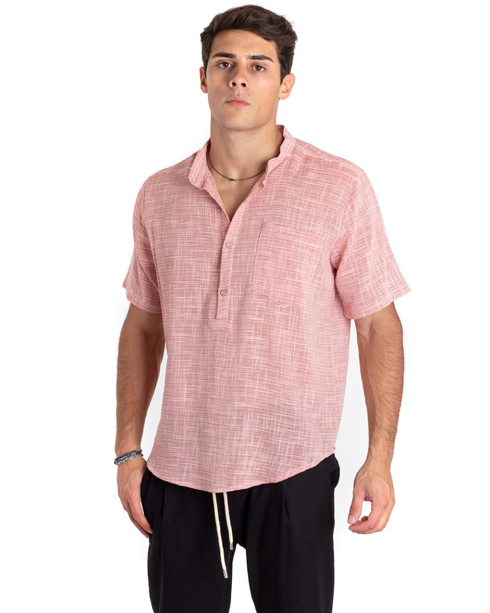 Camicia Uomo Manica Corta Collo Coreano Serafino Melangiata Rosso GIOSAL-CC1166A
