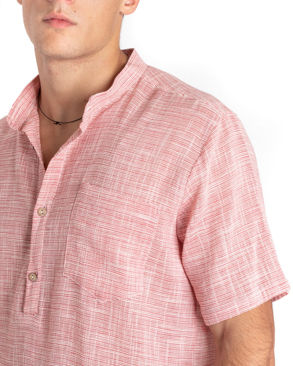 Camicia Uomo Manica Corta Collo Coreano Serafino Melangiata Rosso GIOSAL-CC1166A