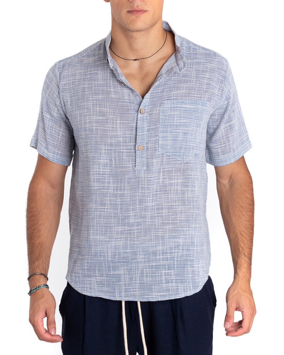 Camicia Uomo Manica Corta Collo Coreano Serafino Tinta Unita Melangiata Blu GIOSAL-CC1168A