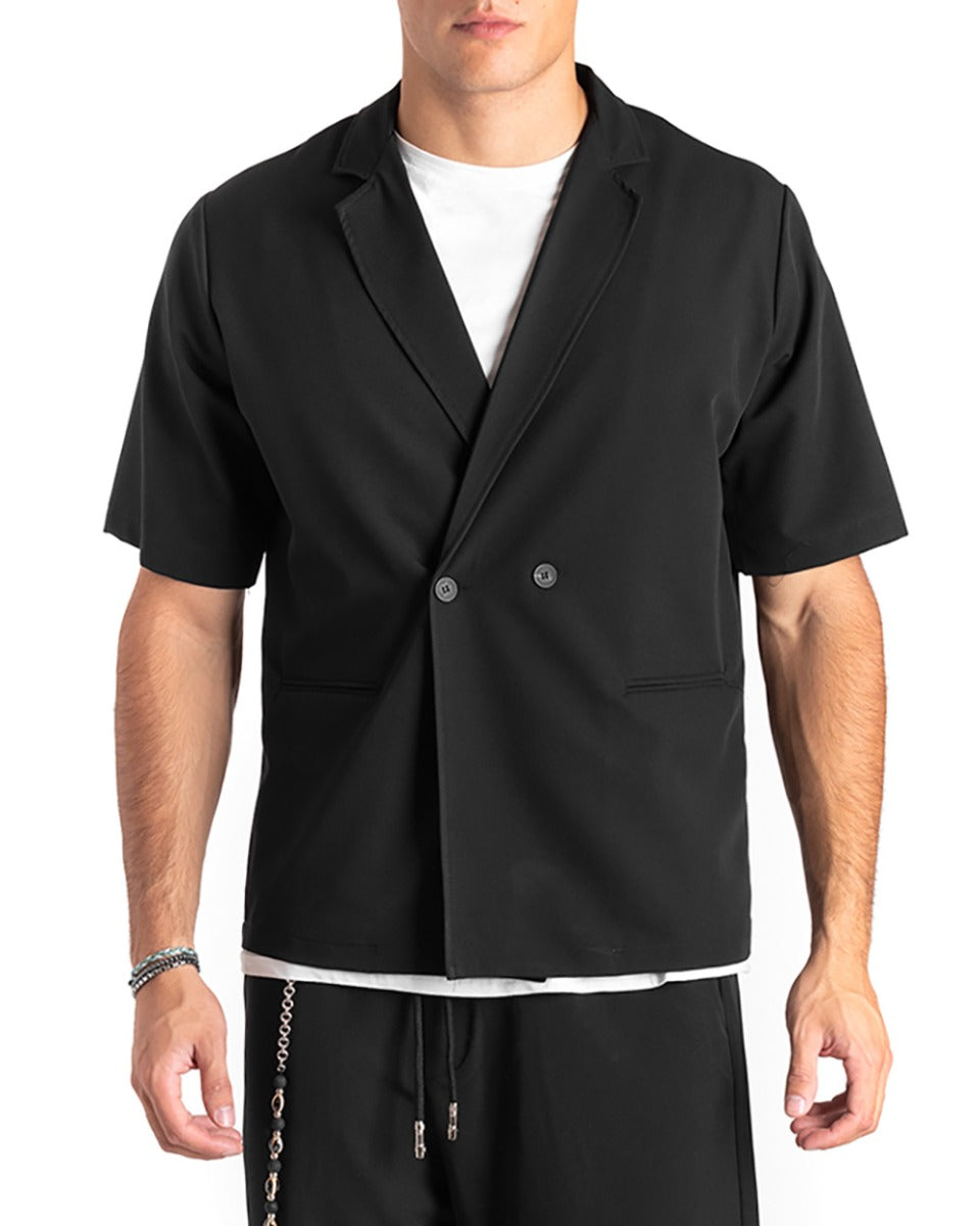 Camicia Uomo Manica Corta Nero Doppiopetto Colletto Giacca GIOSAL-CC1176A