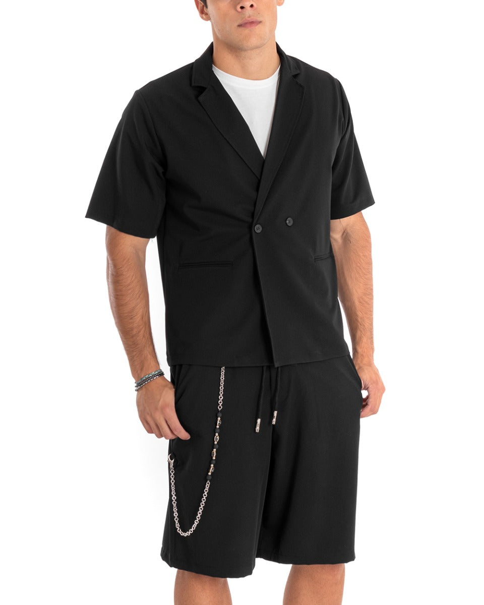 Camicia Uomo Manica Corta Nero Doppiopetto Colletto Giacca GIOSAL-CC1176A