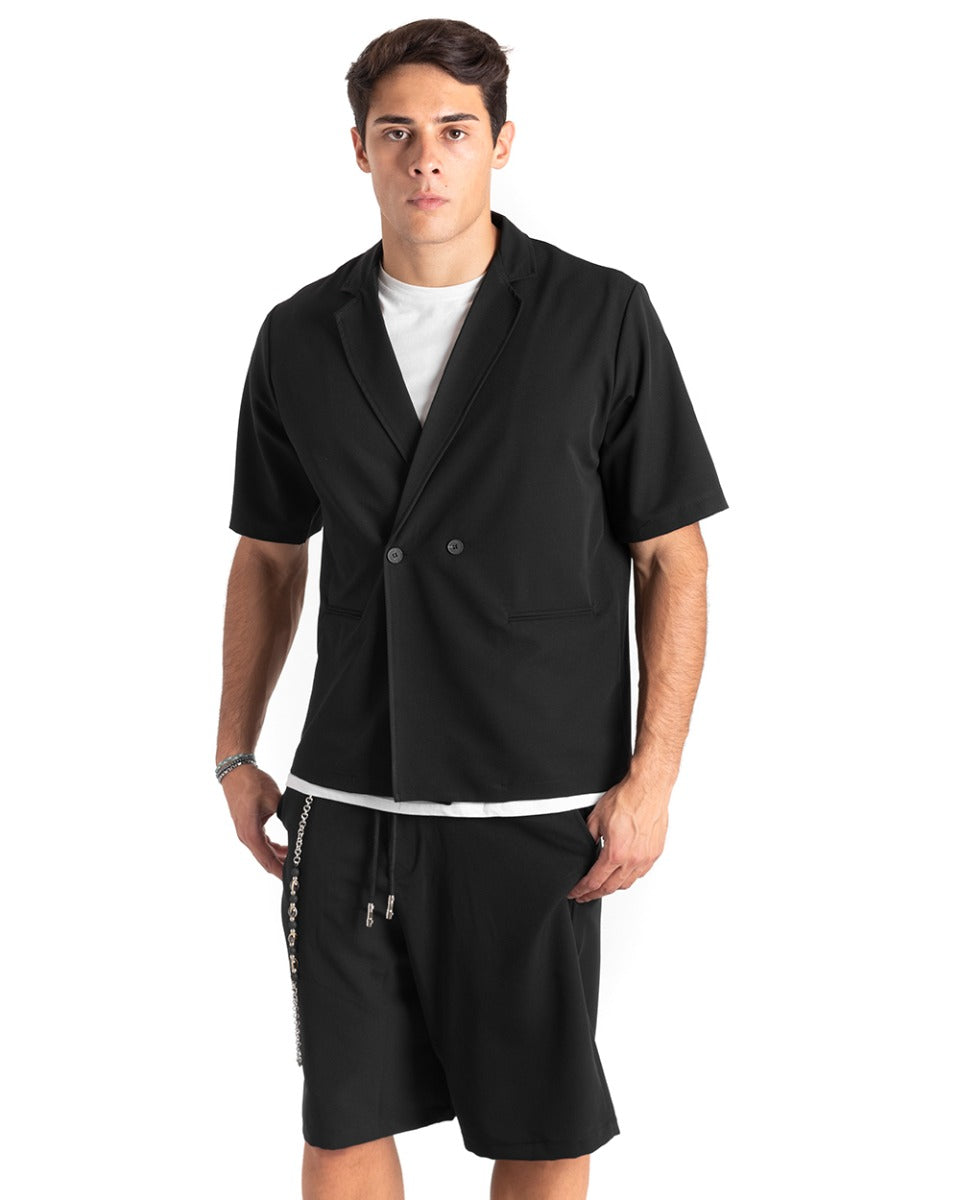 Camicia Uomo Manica Corta Nero Doppiopetto Colletto Giacca GIOSAL-CC1176A