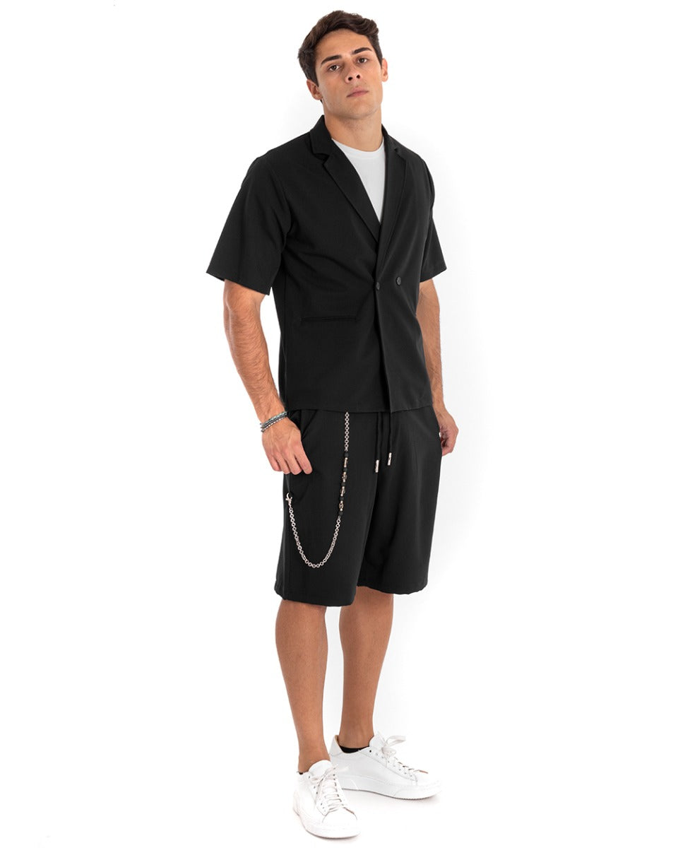 Camicia Uomo Manica Corta Nero Doppiopetto Colletto Giacca GIOSAL-CC1176A